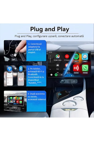 ENZIRO Adaptor auto wireless 2 în 1, conexiune automată Plug and Play, Bluetooth 5.0, WiFi