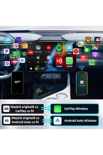 ENZIRO Adaptor auto wireless 2 în 1, conexiune automată Plug and Play, Bluetooth 5.0, WiFi
