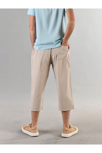 DUXA 100% Cotton Linen Textured Elastic Waist Lace-Up Men's Casual Home Outdoor Sports Summer Below Knee Plus Size Capri Shorts Pants