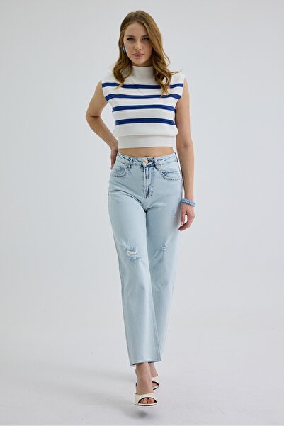 cracpot Kadın Yüksek Bel Lazer Detaylı Comfort Straight Leg Jean Pantolon