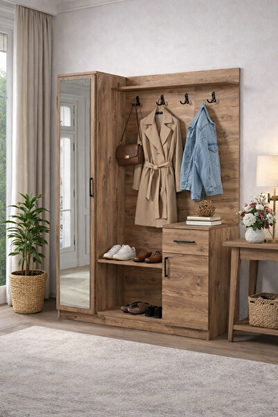 Moderniya Mobilya Flora Tek Kapılı Ceviz Aynalı Elbise Askılığı Kapaklı Vesti...