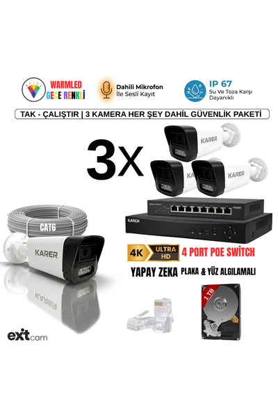 KARER 3'lü IP- PRPFESYONEL-5MP-POELİ-SESLİ -Ultra HD 5MP IP Kamera -Yapay Zek...