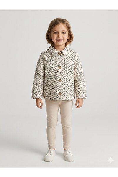 Motebarn Wear Motebarn Kız Çocuk Çiçek Desenli Kapitone Ceket Krem 2–7 Yaş