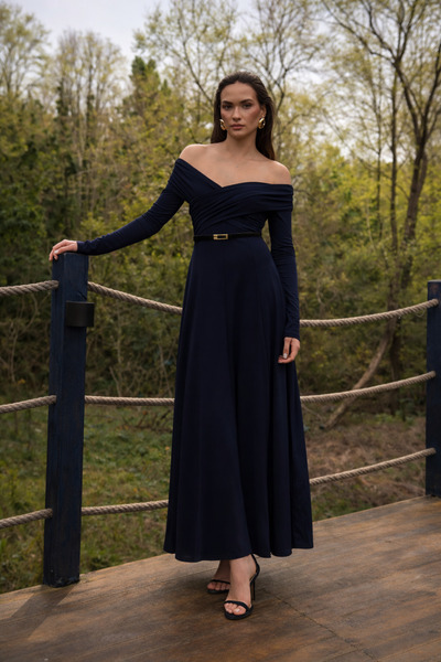 BIGNUANCE Lacivert Düşük Omuz Drapeli Uzun Elbise Günlük Rahat ve Şık Kadın E...