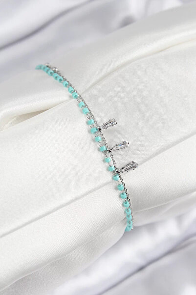 Skygo Brass Zircon Stone Blue Beaded Model Silver Color Women's Bracelet - Tj...