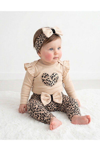 pony baby 'pony ile özel hisset' LEOPAR KALPLİ KIZ BEBEK 3'LÜ TAKIM