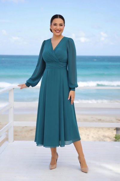 FaBe Fashion Uzun Kollu Sırtı Kapalı Kruvaze Yaka Midi Şifon Elbise