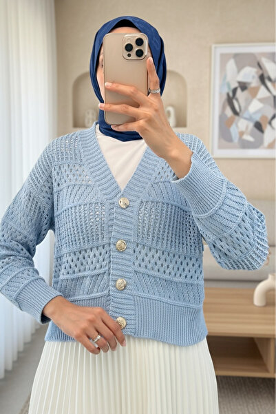 Modamorfo Ажурна плетена жилетка с копчета - Бебешко синьо