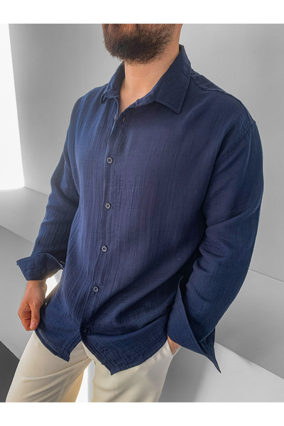 NO1 KONSEPT Cămașă cu mânecă lungă in din muselină bleumarin supradimensionat