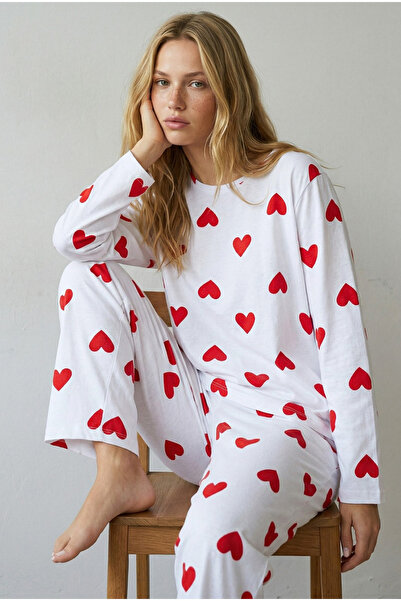 Siyah İnci White Red Heart Printed Knitted Cotton Pajama Set7613