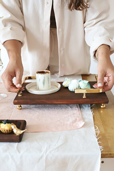 Akayev Ahşap Altın Boncuk Ayaklı L Dizayn 30x19 Cm Tepsi, Ahşap Nişan Söz Tep...