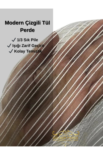 Gülsem Perde Brıllant Çizgili Tül Perde 1/3 Sık Pile Video'lu (ORJİNAL CİZGİL...