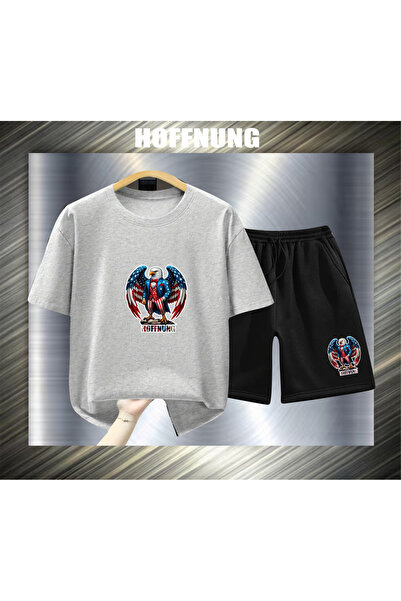 HOFFNUNG طقم كاجوال للجنسين بأكمام قصيرة مع طباعة نسر الولايات المتحدة الأمري...