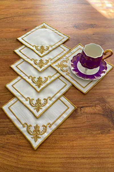 NAKIŞHAN Laleli 6'lı Özel Nakışlı Keten Kahve Sunumluk Peçetesi-Gold