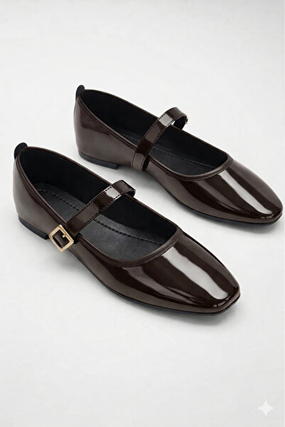 StWenn Pantofi de balerină pentru femei, din piele lacuită, maro amar, cu cat...