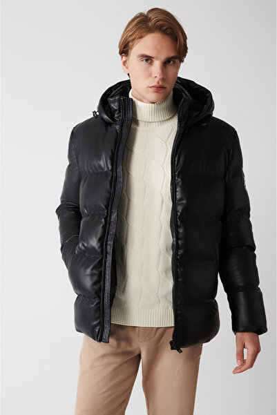 Avva Men's Black Removal Hooded Faux Leather Water Repellent Fabric Puffer Ja...