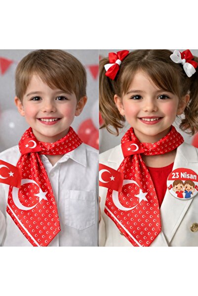 EMAYS DESIGN 23 Nisan Çocuk Fular Kravat Eşarp Türk Bayrağı Desenli Çift Tara...