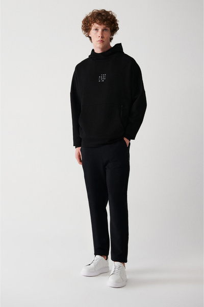 Avva Men's Black Interlock Fabric Leg Printed Sweatpants A32Y3457