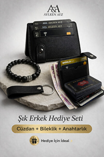 Men's Black Card Holder Wallet Bracelet and Keychain Gift Set (with Gift Box)