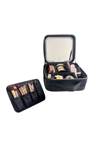 divendi-ro Valiză de machiaj Portfolio, cu oglindă LED, 26x22x12cm, neagră