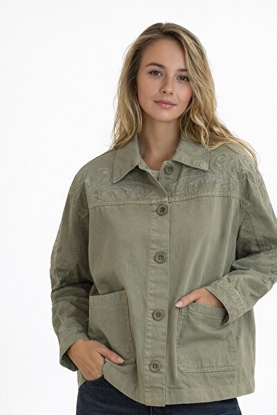 JANNA BUDAK BOUTİQUE Desenli Oversize Kadın kot Ceket – Haki