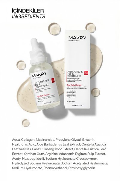 Makry Age Defy Yaşlanma Karşıtı ve Gözenek Sıkılaştırıcı Serum 30ml (Peptid Complex, Kolajen, %5 Niacinamide)