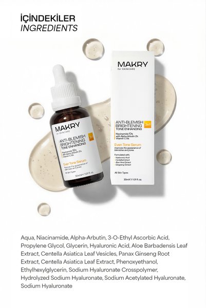 Makry Even Tone Leke Karşıtı, Aydınlatıcı ve Ton Eşitleyici Serum 30ml (%10 Niacinamide, %2 Arbutin, %5 Vitamin C)