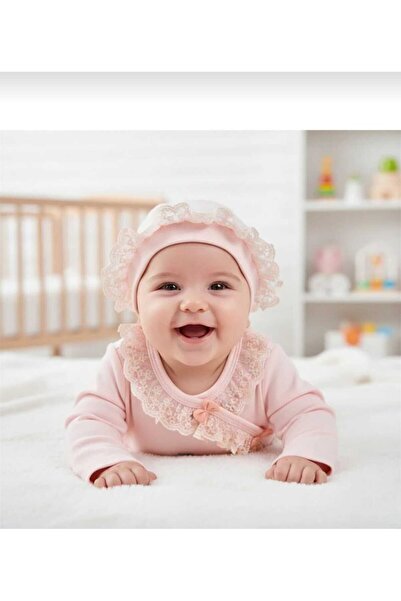 imajbebe Kız Bebek %100 Pamuk Güpür Dantelli Ve Fiyonklu 5'li Zıbın Set - 0-3...