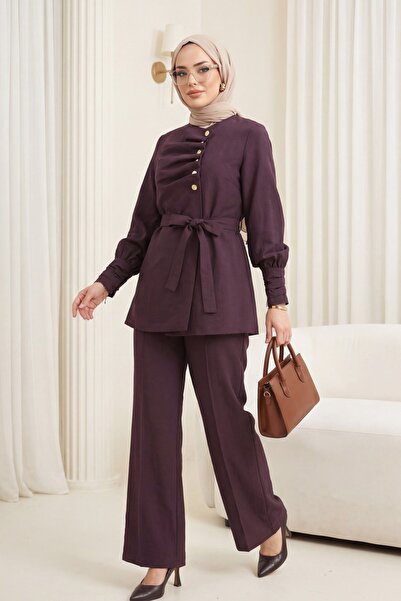 Modamorfo Folded sleeve and front detail, belted waist, half button cupra sui...