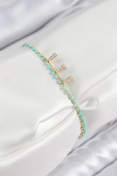 Skygo Brass Zircon Stone Blue Beaded Model Gold Color Women's Bracelet - Tj-B...