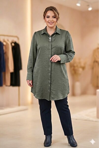 elma abone Plus Size Women's Satin Brooch Tunic Shirt
