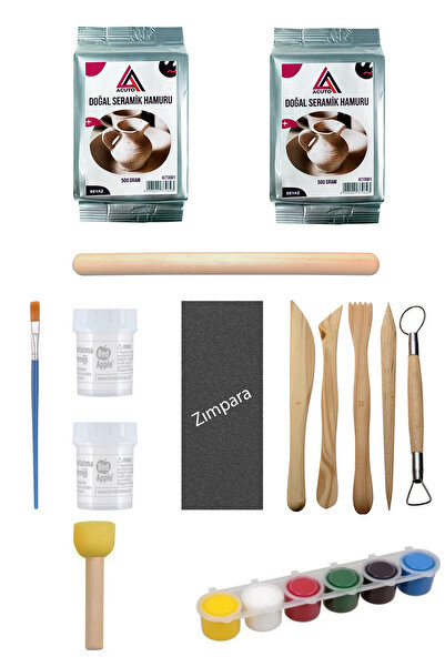 ACUTO Seramik Hamuru 1 kg Ebeşuar Seti 6x15 ml Akrilik Set 120 cc Vernik Ahşa...