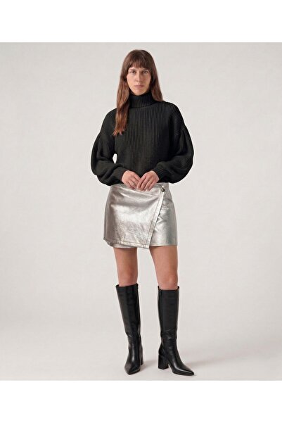 Mys Collection Metalik Gri Deri Mini Şort Etek