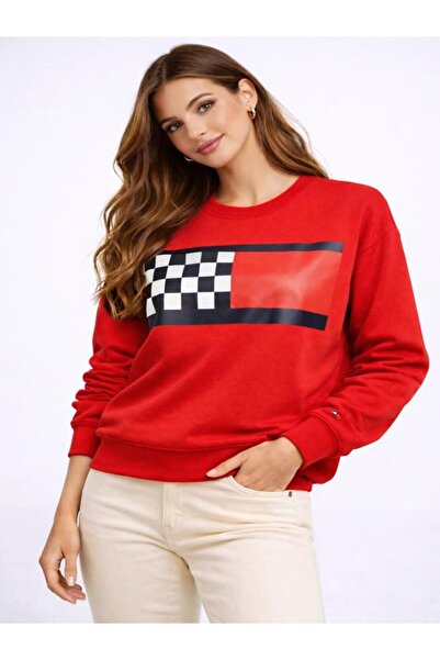 Tommy Hilfiger سترة نسائية من القطن العضوي المريح مع طباعة شعار على الصدر