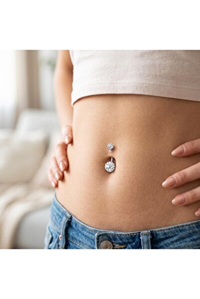 Heppii Taşlı Uçlu 316 L Çelik Göbek Piercingi Silver Renk Minimal Taşlı