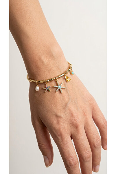 Universal Altın Kaplama Renkli Zirkon Taşlı Deniz Yıldızı Bileklik - Şans Fig...