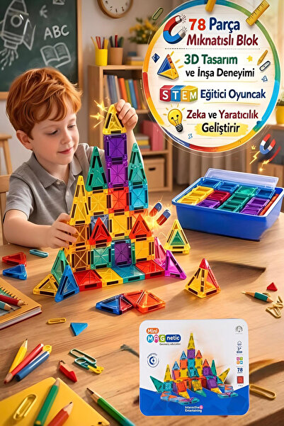 Hyd 78 Parça Magnetic Tiles Mıknatıslı Manyetik Yapı Blokları Metal Kutulu Mi...