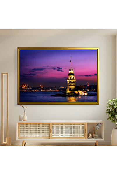 İSTANBUL – Kız Kulesi’nin Mor Akşamı - Gold Çerçeveli Kanvas Tablo