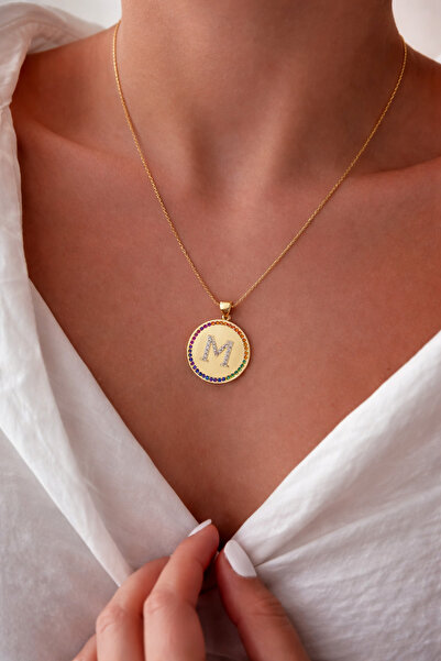 Markiz Takı M Harfi Renkli Taşlı Kolye