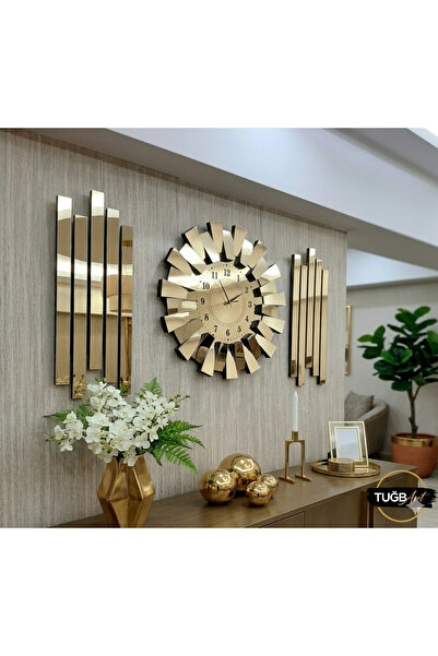 TUĞBArt Piyano Model 3lü Duvar Saati Lambiri Yan Dekor Gold Türk Rakam Büyük ...