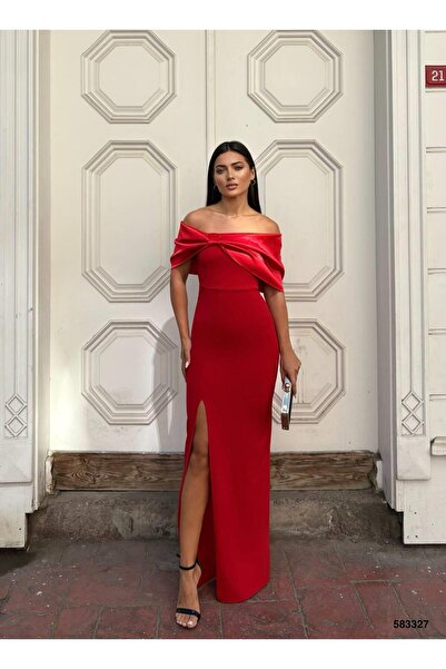 Modafeminen فستان سهرة شق بياقة مرنة من الساتان اللامع مع تفاصيل فيونكة مطوي ...