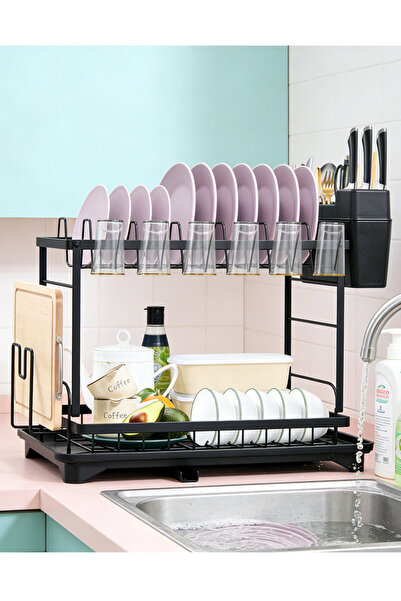 Generic رف تجفيف أطباق مزدوج الطبقات، مصفاة أطباق للمطبخ مع صنبور تصريف دوار،...