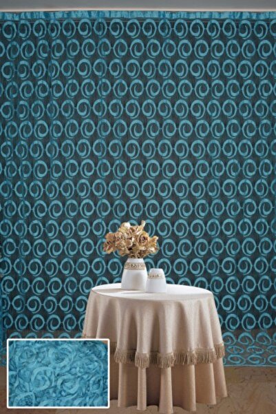 AKÇA TEKSTİL VAKKO MODEL TURKUAZ RENK İP PERDE HAZIR DÜĞMELERİ DİKİLMİŞ İP PE...