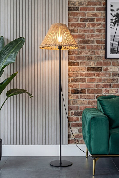 Marrien Mono Siyah Metal Ayaklı Doğal İp Başlıklı Lambader - 145cm Bohem Rust...