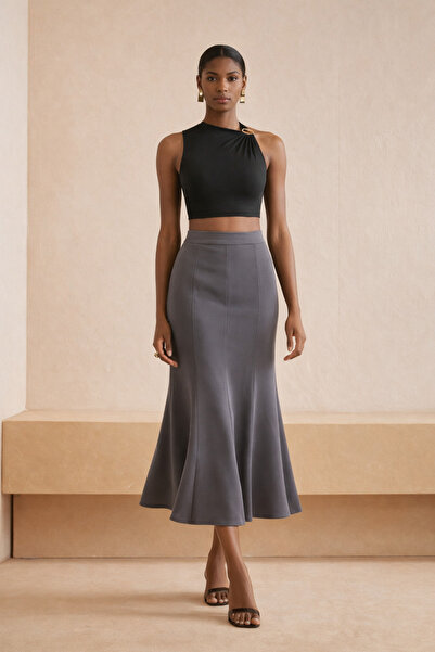 Lijuri Gri Belden Oturtmalı Kumaş Etek 4062 R5-D-K4