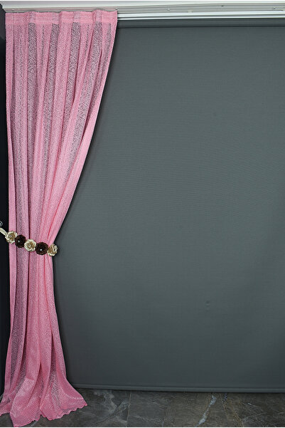 AKÇA TEKSTİL ÇİZGİLİ MODEL PEMBE RENK TEK KANAT Hazır dikilmiş Pileli Fon Per...