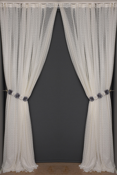 AKÇA TEKSTİL SEYREK NOKTALI MODEL KREM RENK TEK KANAT Hazır Pileli Fon Perde ...