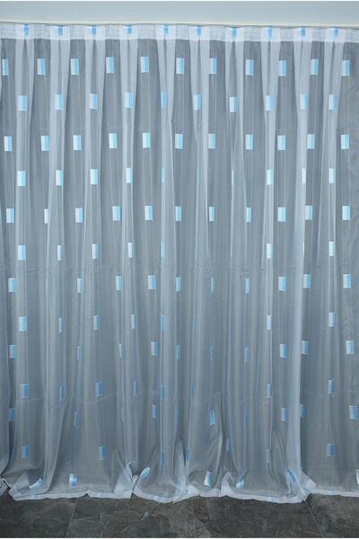 AKÇA TEKSTİL YARIM ORGANZE KARELİ MAVİ MODEL BEYAZ RENK TEK KANAT Hazır dikil...