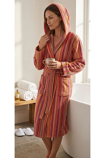 Lucy and Home %100 Pamuk Kadın İpliği Boyalı Çizgili Kadife Bornoz