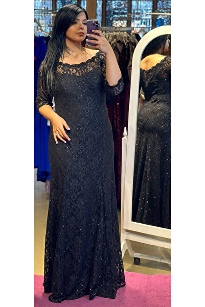 Abiyeniall Siyah Kısa Kollu Dantel Detaylı Düz Kesim Simli Kumaş Uzun Abiye E...